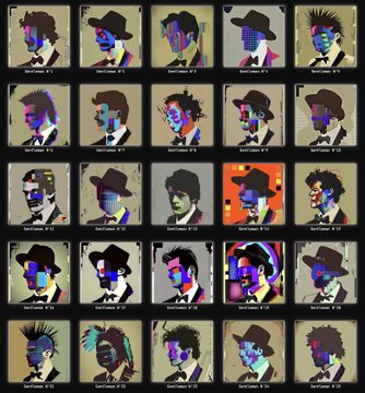 A grid of twenty stylized digital portraits featuring a character in a hat, each with varied colorful abstract face designs.