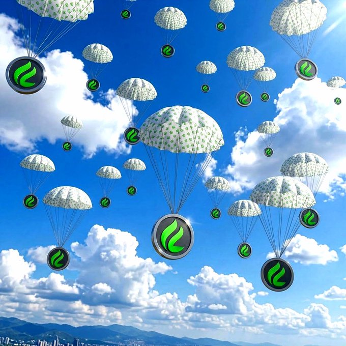 A digital illustration shows numerous parachutes with green circular logos descending from a bright blue sky filled with white clouds over a distant cityscape.