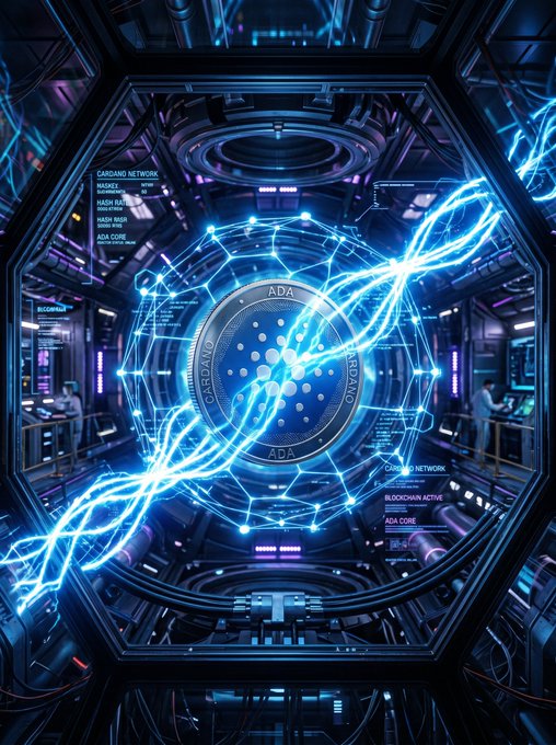 A futuristic high-tech chamber displays a glowing holographic representation of the Cardano (ADA) coin, encircled by a luminous DNA-like double helix structure, with digital interfaces labeled "CARDANO NETWORK" and "ADA CORE" visible on the surroundings. The intertwined helix and interconnected nodes visually echo the post's theme of Cardano's resilient network architecture, symbolizing the chain's ability to maintain integrity and achieve eventual consistency even amid network partitions, much like a biological system adapting to its environment.