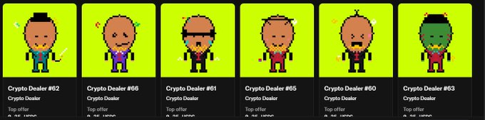 Row of pixel-art NFT 'Crypto Dealer' character cards numbered #62, #68, #81, #65, #60, and #63, each showing a stylized bald figure in a suit