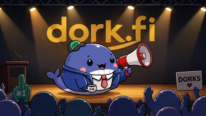Cartoon illustration of a blue whale character in a suit holding a megaphone on stage with 'dork.fi' text and an audience of whales below.