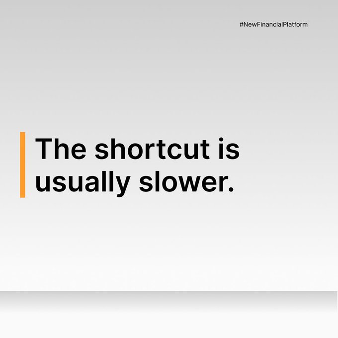 A minimalist graphic displays the phrase "The shortcut is usually slower." in bold black text, accented by an orange vertical bar on the left. The hashtag "#NewFinancialPlatform" appears in the top right corner.

This image reinforces the post's message about patience and persistence in building toward long-term goals, suggesting that taking the slower, more deliberate route often yields better results than seeking quick wins—aligning with Bybit's philosophy of steady progress over shortcuts.