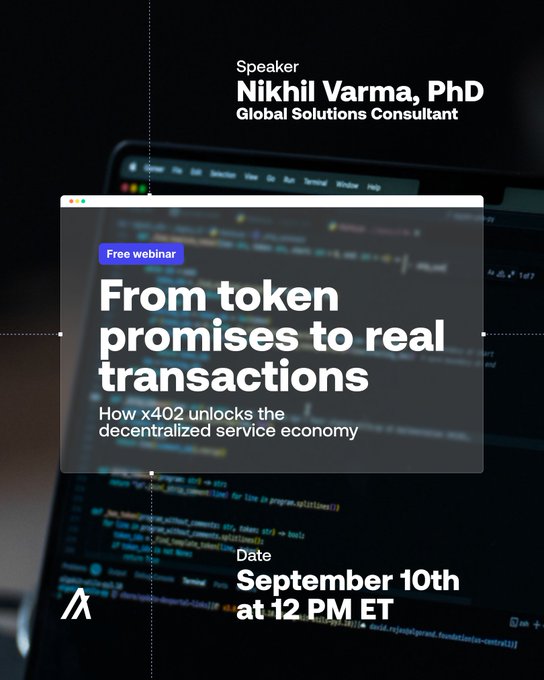A webinar promotional graphic featuring code on a laptop screen, advertising a free webinar by 'Nikhil Varma, PhD, Global Solutions Consultant' titled 'From token promises to real transactions' on 'September 10th at 12 PM ET'.