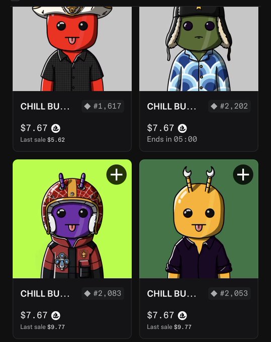 A screenshot displays four 'CHILL BU...' NFT characters for sale, each priced at $7.67 with varying rarities and last sale prices.