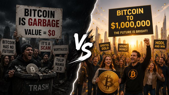 A split-scene image contrasts anti-Bitcoin protesters holding signs like "BITCOIN IS GARBAGE VALUE = $0," "BITCOIN HAS NO FUTURE," and "TULIP MANIA 2.0" against optimistic supporters displaying "BITCOIN TO $1,000,000 THE FUTURE IS BRIGHT!" and "HODL AND WIN," visually reinforcing the post's message that bearish noise—like the Clarity Act delay, Coldcard issue, Michael Saylor's sell-off, and BIP 110 concerns—fails to weaken Bitcoin, which keeps growing stronger.