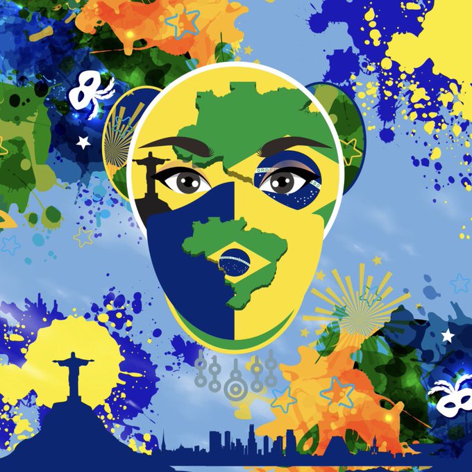 A colorful pop-art style illustration featuring the map of Brazil forming a face, with the colors of the Brazilian flag, surrounded by paint splatters, stars, and silhouettes of Christ the Redeemer and a city skyline.