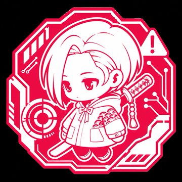 A red and white circular emblem featuring a chibi-style anime character with short hair, surrounded by tech-inspired graphics like circuit lines, a target, and a sword.
