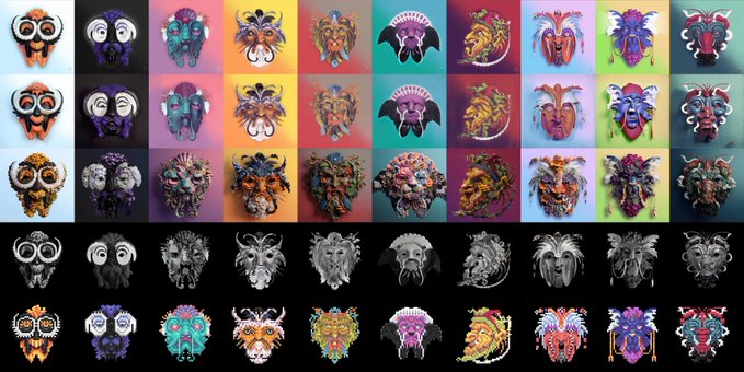 A grid of stylized 3D character face illustrations and masks in vibrant colors, featuring intricate designs with horns, feathers, and ornate details.