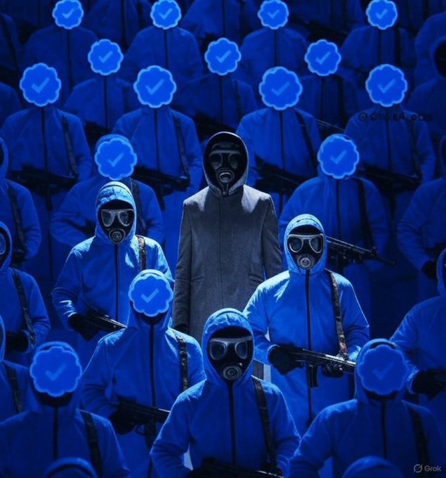 A figure in a gray hooded coat and gas mask stands out among rows of armed individuals in blue hazmat suits and gas masks, with several faces obscured by blue checkmark icons symbolizing social media engagement. The image, watermarked "Grok," visually reinforces the post's call to action by equating the follow/checkmark with conformity to a faceless majority, while the singular distinct figure suggests standing apart from the crowd.
