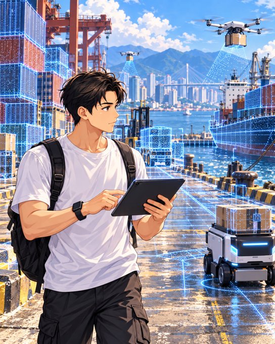 An anime-style illustration of a young man with a backpack using a tablet in a busy port/shipping yard, with drones, autonomous robots, and holographic blue data overlays showing container tracking and logistics.