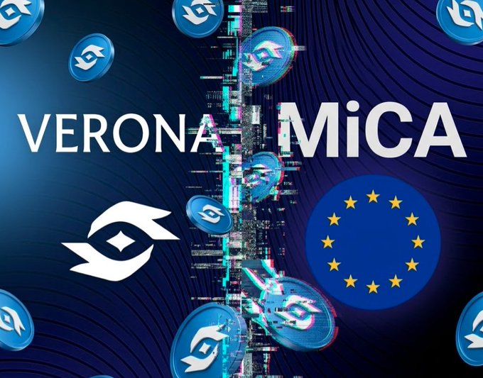 Stylized graphic featuring 'VERONA MICA' text with scattered blue token logos and the EU flag, split by a glitch effect.