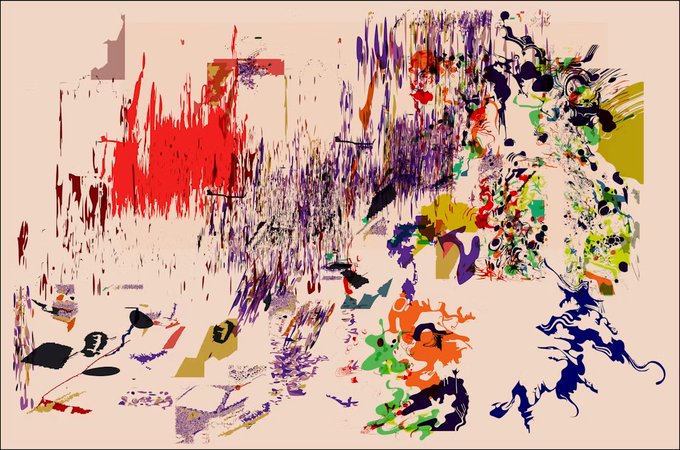 A colorful abstract digital artwork with red, purple, yellow, orange, and green paint splatters and strokes on a light background.