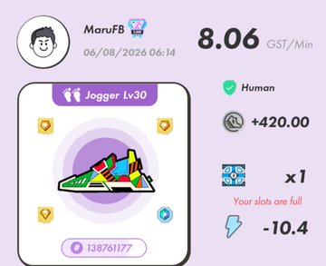 A screenshot of a fitness app dashboard showing a user named 'MaruFB' with a 'Jogger Lv30' sneaker NFT earning 8.06 GST/Min, displaying a reward of +420.00, a -10.4 energy deduction, and the message 'Your slots are full'.