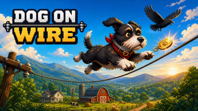 A vibrant game cover for "DOG ON WIRE," featuring an adorable black and white puppy balancing on a tightrope with a gold coin, set against a picturesque farm and mountain backdrop. The image aligns with the post's playful tone, teasing an exciting announcement for the @dogonwire project that aims to make trading fun again.