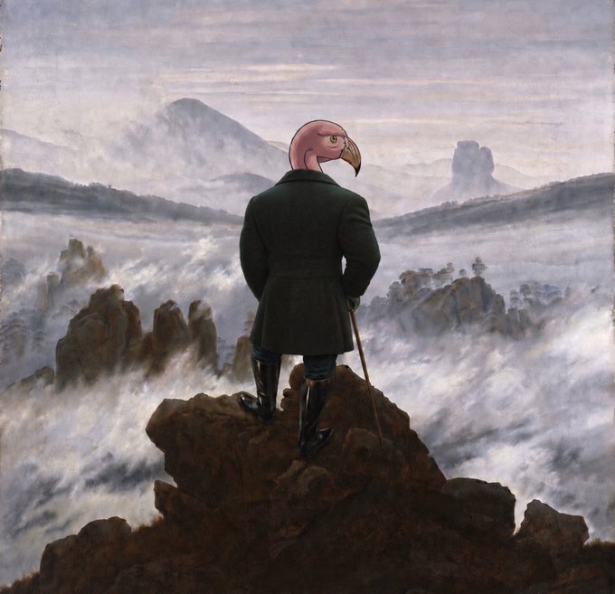 A figure with a bird-like head stands atop a misty mountain peak in the style of Caspar David Friedrich's "Wanderer above the Sea of Fog," wearing a dark coat and holding a walking stick while gazing out over a vast, fog-covered landscape. The image appears to represent the launch of the "$TFF" token, symbolizing the journey of overseeing a new venture from a position of elevated perspective and solitary confidence.