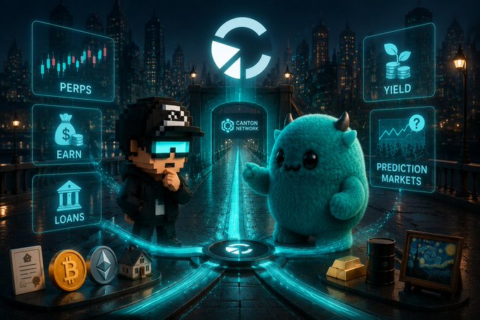 A promotional graphic featuring a pixelated character and a blue fluffy monster on a bridge over a city, with panels labeled 'PERPS', 'YIELD', 'EARN', 'PREDICTION MARKETS', and 'LOANS', with 'CANTON NETWORK' in the background.