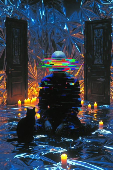 A surreal, glitchy digital artwork featuring a silhouetted cat beside a fragmented, glitching figure between two open doors in a blue-lit room with scattered candles.