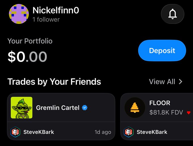 A mobile app profile screen for user 'Nickelfinn0' with a $0.00 portfolio, a Deposit button, and a 'Trades by Your Friends' feed showing recent trades on 'Gremlin Cartel' and 'FLOOR' tokens by user SteveKBark.