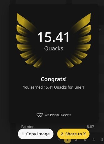 The image shows a screenshot of a social media app called Quackers that awards users for their achievements in birdwatching. The main feature of this app is an achievement timer, where users can track how many birds they have observed each day. Users are also able to share their birdwatching experiences with others and connect with fellow bird enthusiasts. In the image, there is a yellow birdwatcher's badge that reads "congrats! You earned 15.41 Quacks for June 1", which suggests that this user has gained 15.41 Quackers on the app in the past week. The post also includes an option to copy or share the screenshot with others, allowing users to showcase their accomplishments and connect with like-minded individuals who appreciate birdwatching as a hobby.