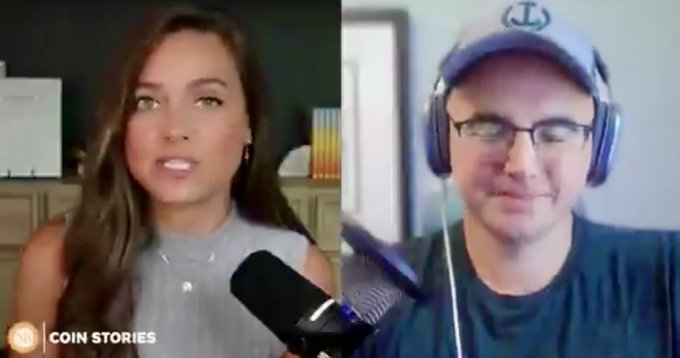 This image shows a split screen of a woman labeled "COIN STORIES" and a man wearing a blue hat with an anchor logo. The post alleges that the woman, Nat Brunell, and AnchorWatch are profiting from Coldcard.