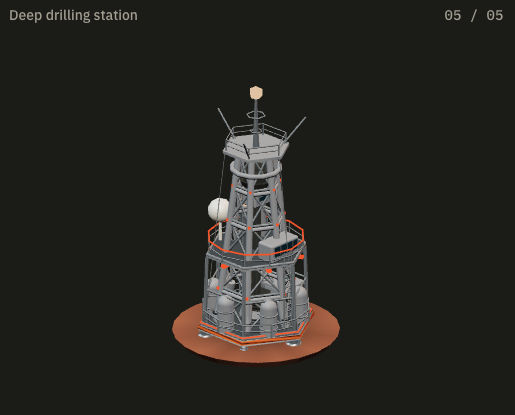 A 3D render of a tall, multi-level industrial structure labeled 'Deep drilling station' displayed on a black background with '05 / 05' in the top right corner.