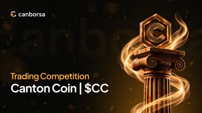 A promotional banner with a black background features the Canborsa logo in the top-left corner, alongside bold text reading "Trading Competition" in orange and "Canton Coin | $CC" in white. On the right, a classical column topped with a hexagonal emblem bearing the letter "C" is surrounded by glowing orange flames, visually reinforcing the urgency of the announcement that only 24 hours remain to compete for the $CC prize pool.