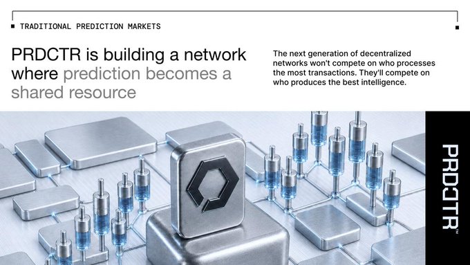 A promotional slide titled 'TRADITIONAL PREDICTION MARKETS' features the text 'PRDCTR is building a network where prediction becomes a shared resource' alongside an image of metallic cube structures with blue glass connectors and the 'PRDCTR' logo on the side.