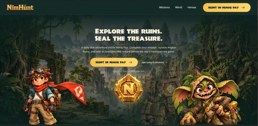 A promotional webpage for 'NimHunt' featuring the text 'Explore the ruins. Seal the treasure.' alongside an adventurer character, a goblin character, and a golden NIM token.