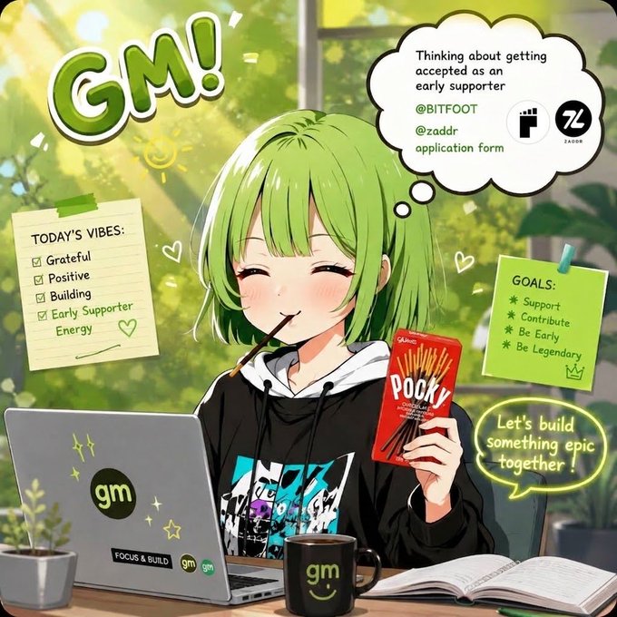 An anime-style illustration of a green-haired girl holding Pocky and a Pocky box, sitting at a laptop with "GM!" text, a thought bubble mentioning early supporter applications for BITFOOT and ZADDR, and a checklist of vibes and goals.