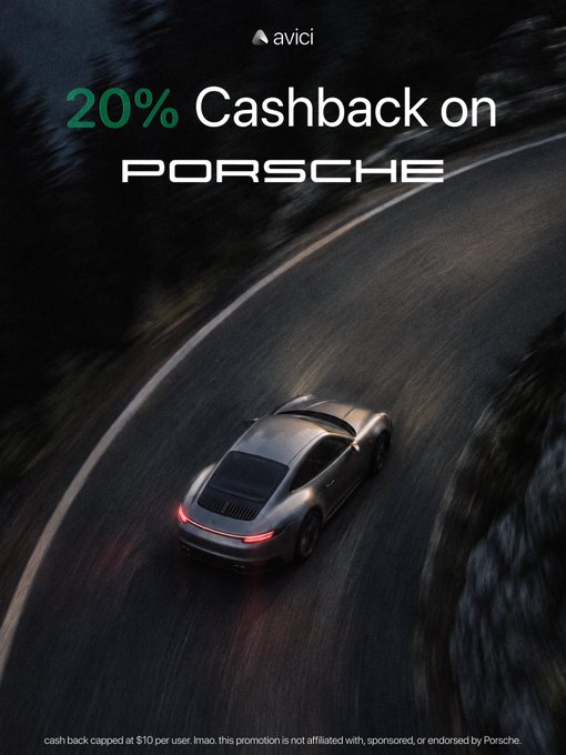 A promotional advertisement for Avicii showing a silver Porsche sports car on a dark road with text reading '20% Cashback on PORSCHE' and a disclaimer that cash back is capped at $10 per user.