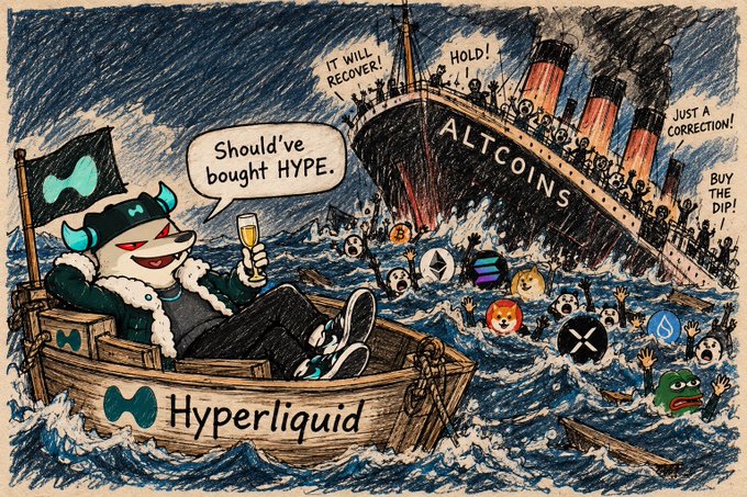 Editorial-style cartoon depicting the Hyperliquid mascot calmly floating in a lifeboat labeled 'Hyperliquid' with the caption 'Should've bought HYPE', while people drown from a sinking ship labeled 'ALTCOINS' shouting 'IT WILL RECOVER!' and 'BUY THE DIP!'.