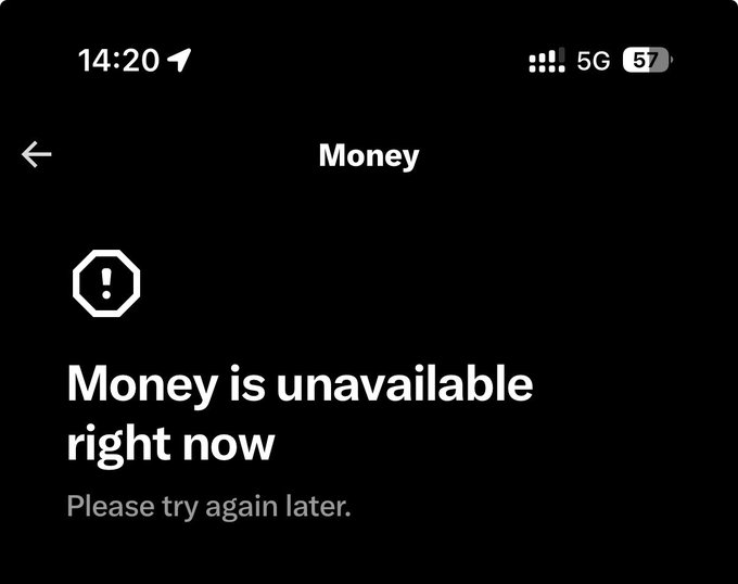 A mobile app error screen displaying "Money is unavailable right now. Please try again later." under a "Money" header.