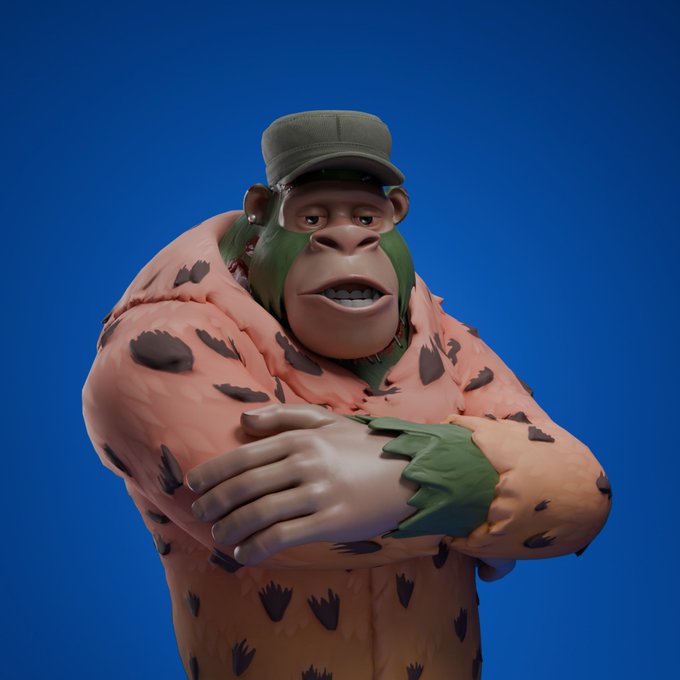A stylized 3D-rendered gorilla wearing a cap and a pink, spotted fur coat stands with arms crossed against a solid blue background, exuding a confident "on top" attitude that matches the caption "Geez On Top."