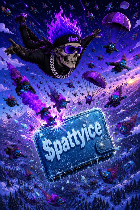 A vibrant digital artwork depicting a skull-headed character with purple flame hair wearing 'Herk' cap and sunglasses, skydiving with a '$pattyice' wallet/bill amid an army of blue minions.