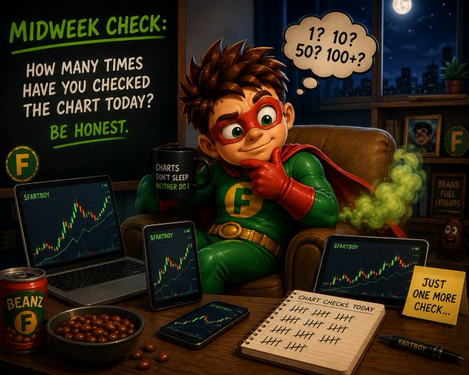 A cartoon superhero character in a green suit with an 'F' logo sits in a chair holding a mug that reads 'CHARTS DON'T SLEEP NEITHER DO I', surrounded by screens showing 'FARTBOY' charts, a bowl of beans, and a tally of chart checks, under the headline 'MIDWEEK CHECK: HOW MANY TIMES HAVE YOU CHECKED THE CHART TODAY? BE HONEST.'