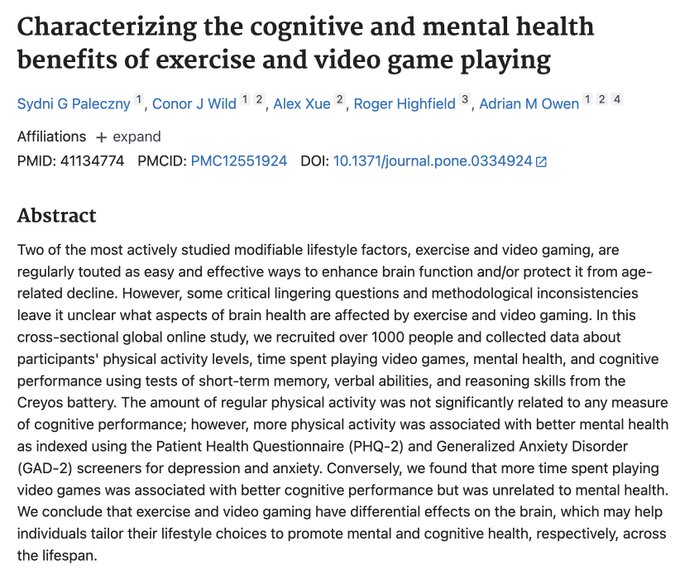 A research paper abstract titled 'Characterizing the cognitive and mental health benefits of exercise and video game playing' by Sydni G Paleczny et al., published in a journal, finding that exercise improves mental health while video gaming improves cognitive performance.