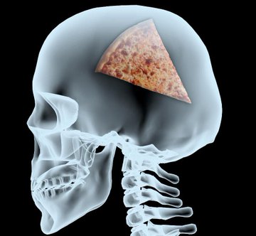 iced skull with a slice of pizza on its forehead, set against a black background.