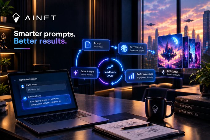 An advertisement for 'AINFT' with the tagline 'Smarter prompts. Better results.' showing a workflow diagram on a laptop and monitor with a cityscape at sunset in the background.