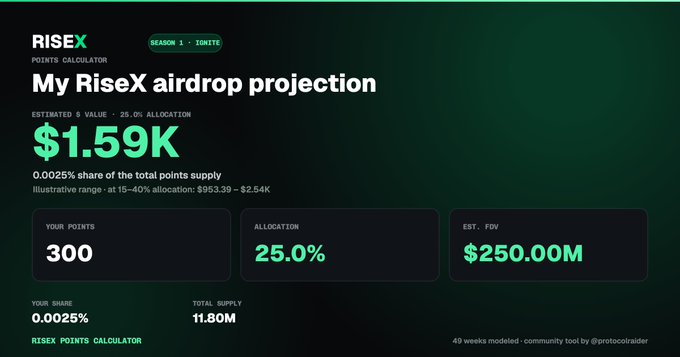 A RISEX Points Calculator showing an estimated $1.59K value at 25.0% allocation, based on 300 points with 0.0025% share of total supply and $250.00M est. FDV.
