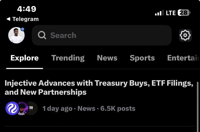 A Telegram app screenshot showing the 'Explore' tab with a news headline 'Injective Advances with Treasury Buys, ETF Filings, and New Partnerships'.