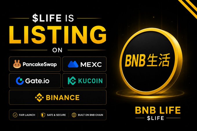 Promotional graphic announcing the listing of $LIFE token on multiple exchanges including PancakeSwap, MEXC, Gate.io, KuCoin, and Binance, with a golden BNB Life coin logo on the right.