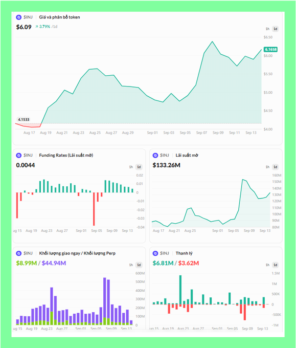 A cryptocurrency analytics dashboard displaying SINJ token price at $6.09 (+3.77%), along with funding rates, open interest ($133.26M), volume ($8.99M), and liquidation data over a September timeframe.
