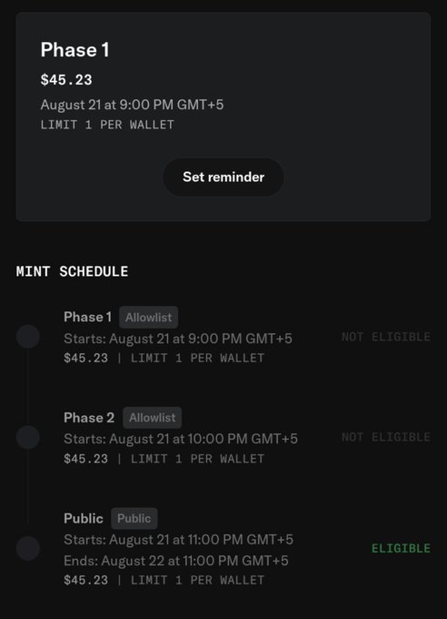The image displays the mint schedule for Rektguy NFTs, showing three phases with a price of $45.23 and a 1 per wallet limit: Phase 1 (Allowlist) at 9:00 PM GMT+5, Phase 2 (Allowlist) at 10:00 PM GMT+5, and Public at 11:00 PM GMT+5, with the user noting they are "Not Eligible" for the first two allowlist phases and "Eligible" only for the Public phase starting August 21.