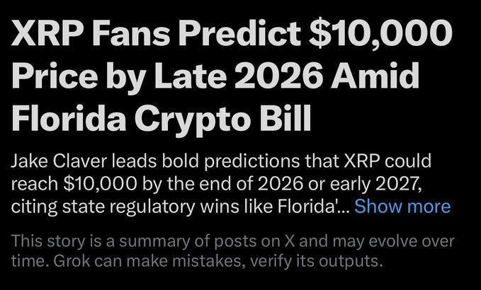 A news headline reads 'XRP Fans Predict $10,000 Price by Late 2026 Amid Florida Crypto Bill,' with a subtext mentioning Jake Claver's bold predictions citing state regulatory wins like Florida's.