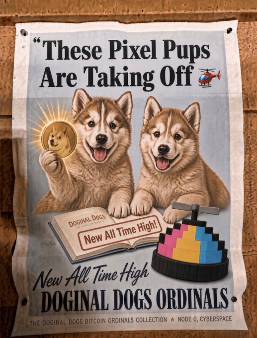 A vintage-style poster reading 'These Pixel Pups Are Taking Off' featuring two Shiba Inu dogs, with text 'New All Time High', 'DOGINAL DOGS ORDINALS', and 'THE DOGINAL DOGS BITCOIN ORDINALS COLLECTION * NODE 0, CYBERSPACE'.