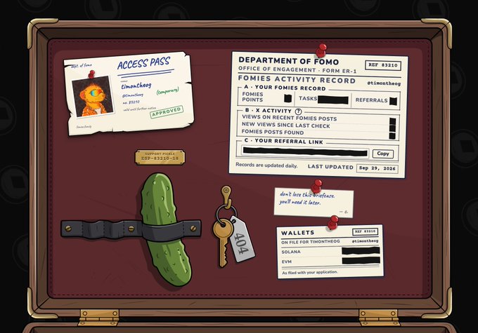 A cartoon-style 'Department of Fomo' dashboard displaying 'FOMIES ACTIVITY RECORD' for user @timotheog with access pass, referral links, wallets info, and cactus/key illustrations on a corkboard.