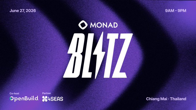 The image shows a graphic advertisement for Monad Blitz with a purple background featuring white text and an arrow pointing downwards. The poster includes details about the event, such as the date and time of 8pm-9pm on June 27th. The poster also mentions that there is "open build" registration, "unseas," "Chiang Mai," and "Monad Blitz." Additionally, the post reveals a prize pool for a custom Monad keyboard limited edition, but it does not provide specific details about how to enter or claim the prize.