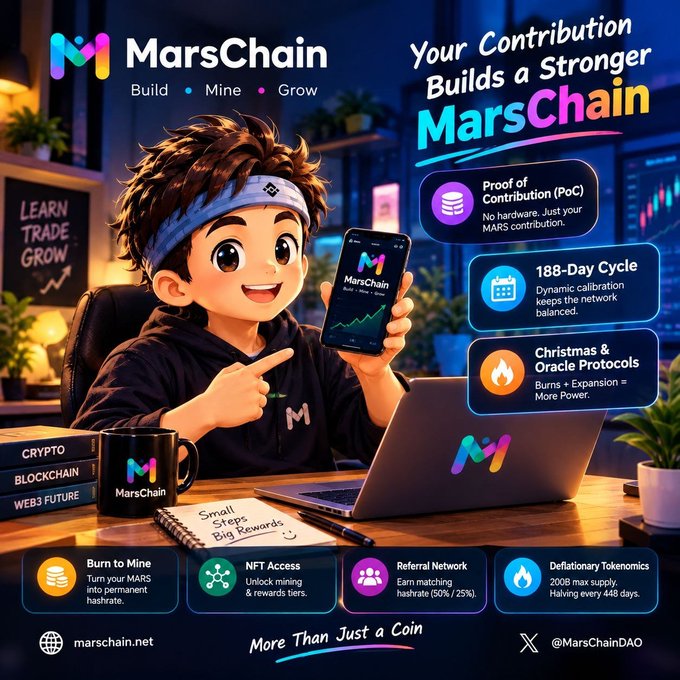 A promotional graphic for MarsChain ('Build • Mine • Grow') featuring a cartoon character with a phone, highlighting features like Proof of Contribution, 188-Day Cycle, and Christmas & Oracle Protocols.