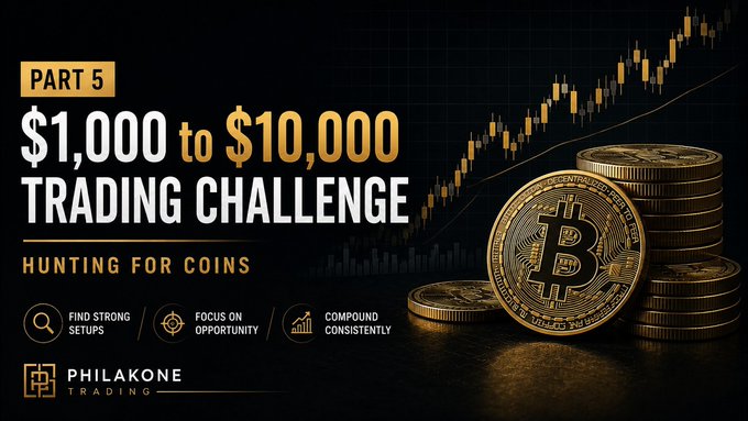 A promotional graphic for 'PHILAKONE TRADING' Part 5 of a '$1,000 to $10,000 TRADING CHALLENGE' titled 'HUNTING FOR COINS', showing Bitcoin coins and a candlestick chart with tips like 'FIND STRONG SETUPS', 'FOCUS ON OPPORTUNITY', and 'COMPOUND CONSISTENTLY'.