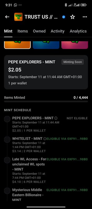A mobile screenshot of an NFT minting page titled 'TRUST US //' showing 'PEPE EXPLORERS - MINT' for $2.05, starting September 11, with a mint schedule listing phases like 'PEPE EXPLORERS - MINT', 'WHITELIST - MINT', and 'Late WL Access'.